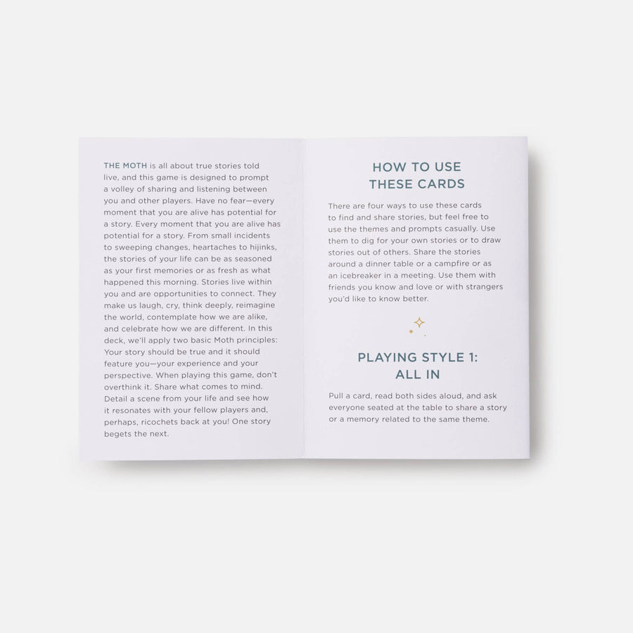 White card deck with minimalist black text detailing instructions for the moth storytelling game by the moth presents, ideal for crystal and gemstone lovers