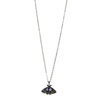 Moth with stone adjustable 16-18 inch silver filigree necklace with blue gem