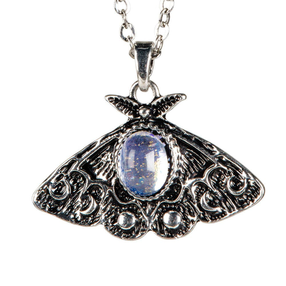 Silver moth pendant necklace with oval blue gemstone, adjustable 16-18 inches