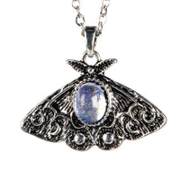 Silver moth pendant necklace with oval blue gemstone, adjustable 16-18 inches