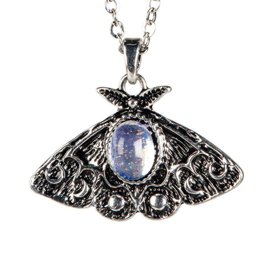 Silver moth pendant necklace with oval blue gemstone, adjustable 16-18 inches