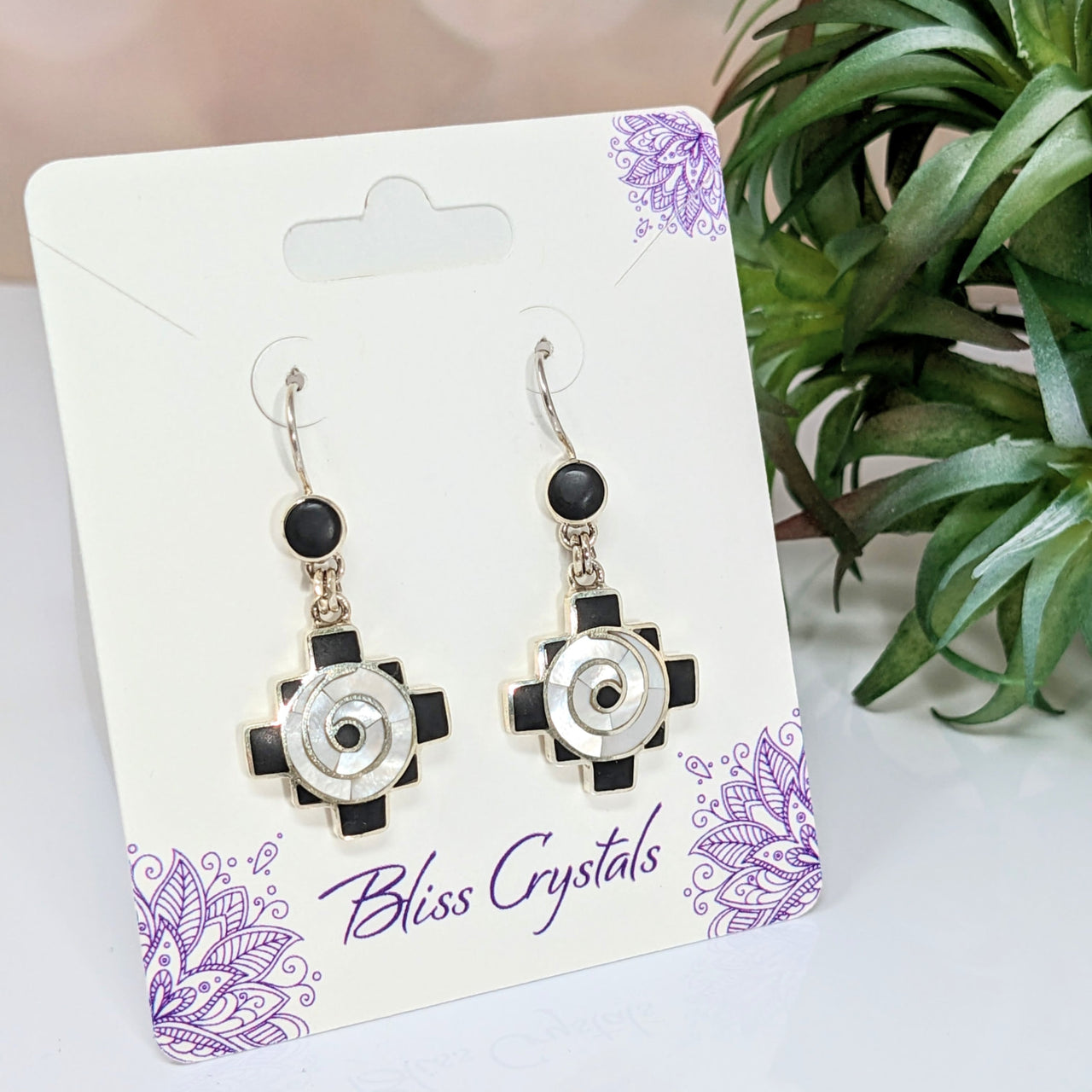 Mother of Pearl & Onyx 1’ Inca Cross Earrings #LV2776 on a card, black and white design