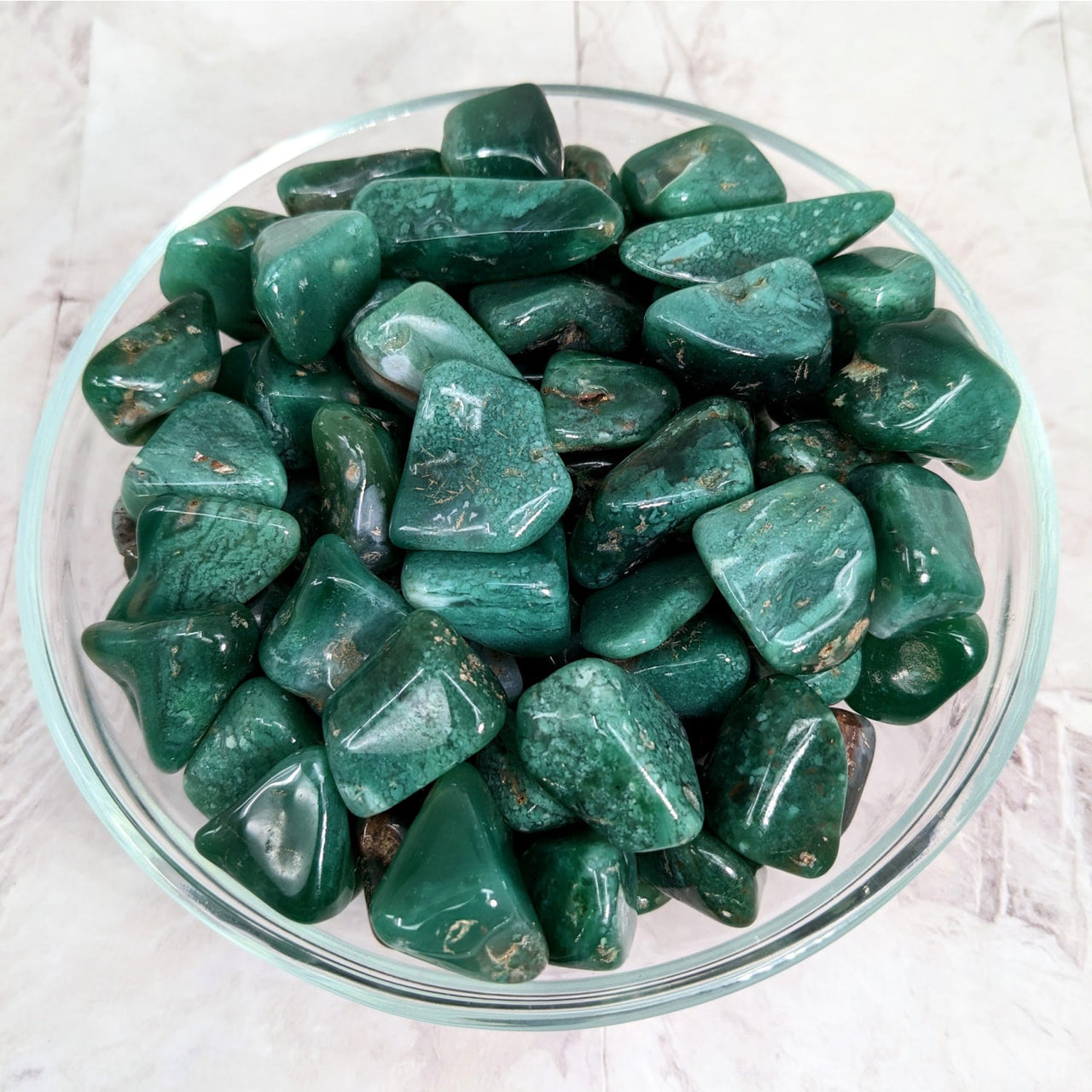 A bowl of green Mtorolite Tumbled Stones (Chrome Chalcedony) #LV2255