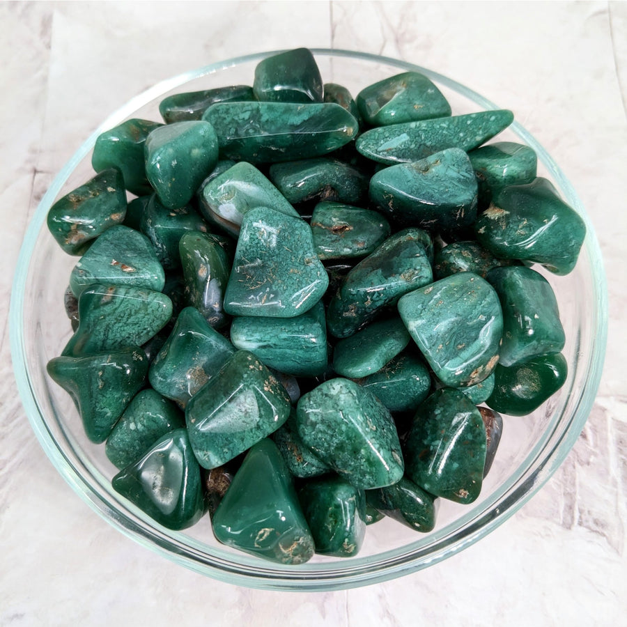 A bowl of green Mtorolite Tumbled Stones (Chrome Chalcedony) #LV2255