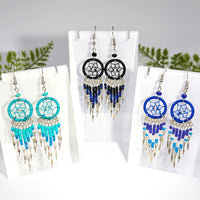 Multi color round 25 inch dreamcatcher earrings with blue turquoise beads and crystal tassels jewelry accessory