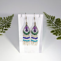 Multi color teardrop 2.5 inch dreamcatcher earrings with purple green beads silver hooks and blue teal clear crystal accents jewelry