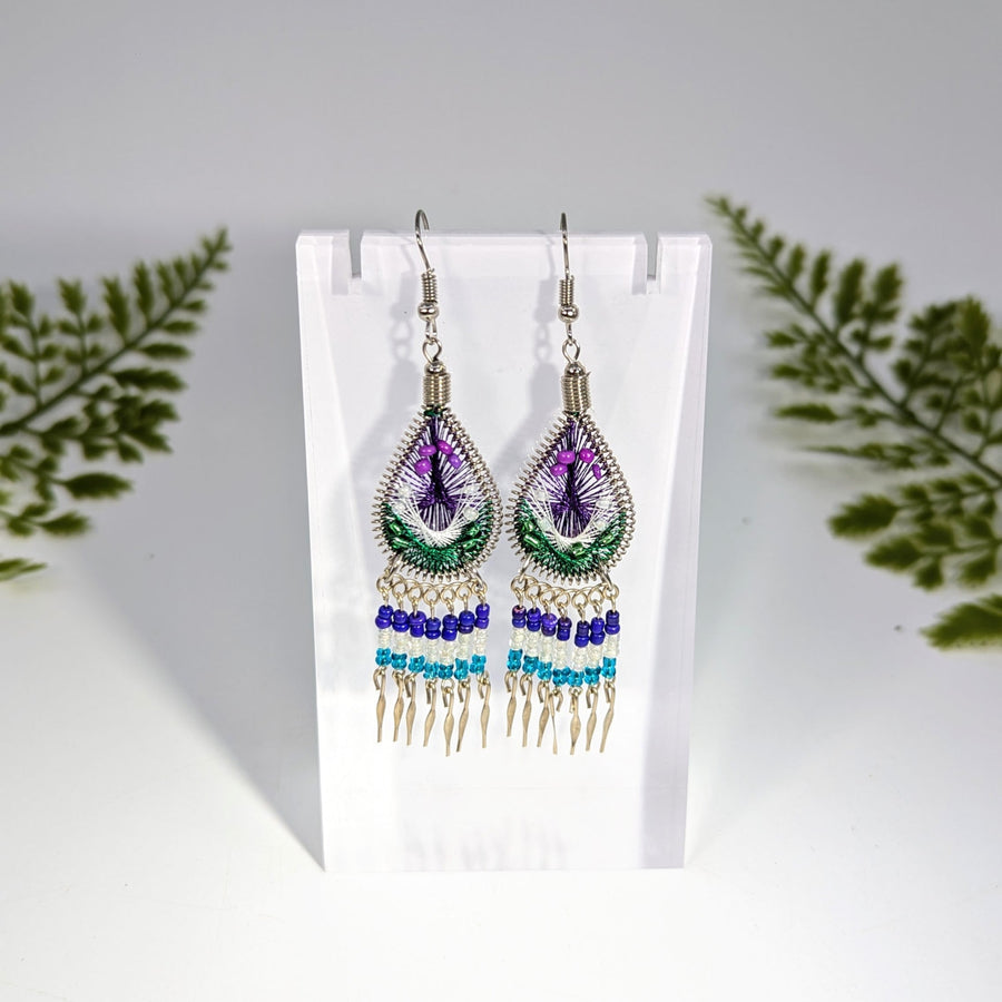 Multi color teardrop 2.5 inch dreamcatcher earrings with purple green beads silver hooks and blue teal clear crystal accents jewelry