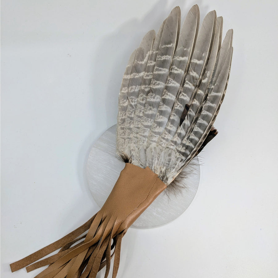 Bird wing with leather fringe on a Multi-Feather Smudge Fan for Palo Santo use
