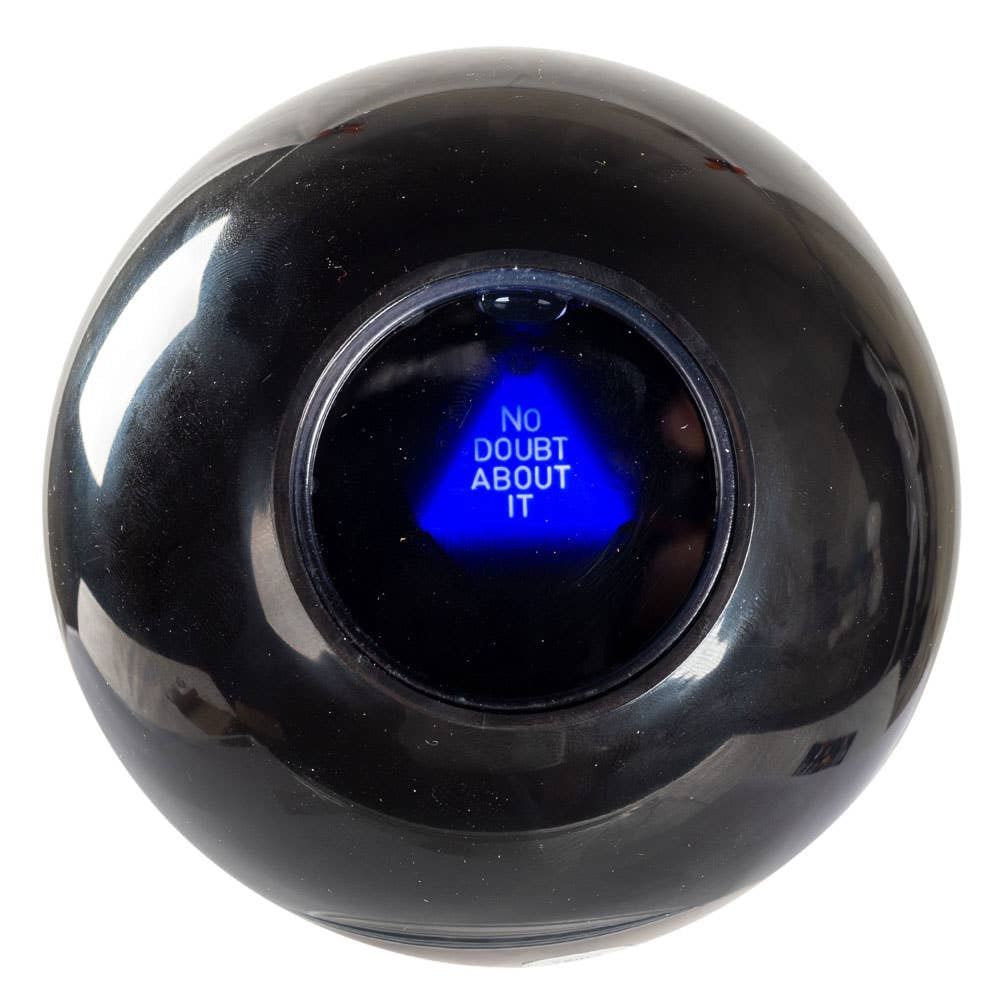 Black glossy eight ball with glowing blue center saying no doubt about it, Mystic Ball Divination Magic BC0452