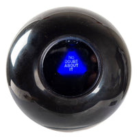 Black glossy eight ball with glowing blue center saying no doubt about it, Mystic Ball Divination Magic BC0452
