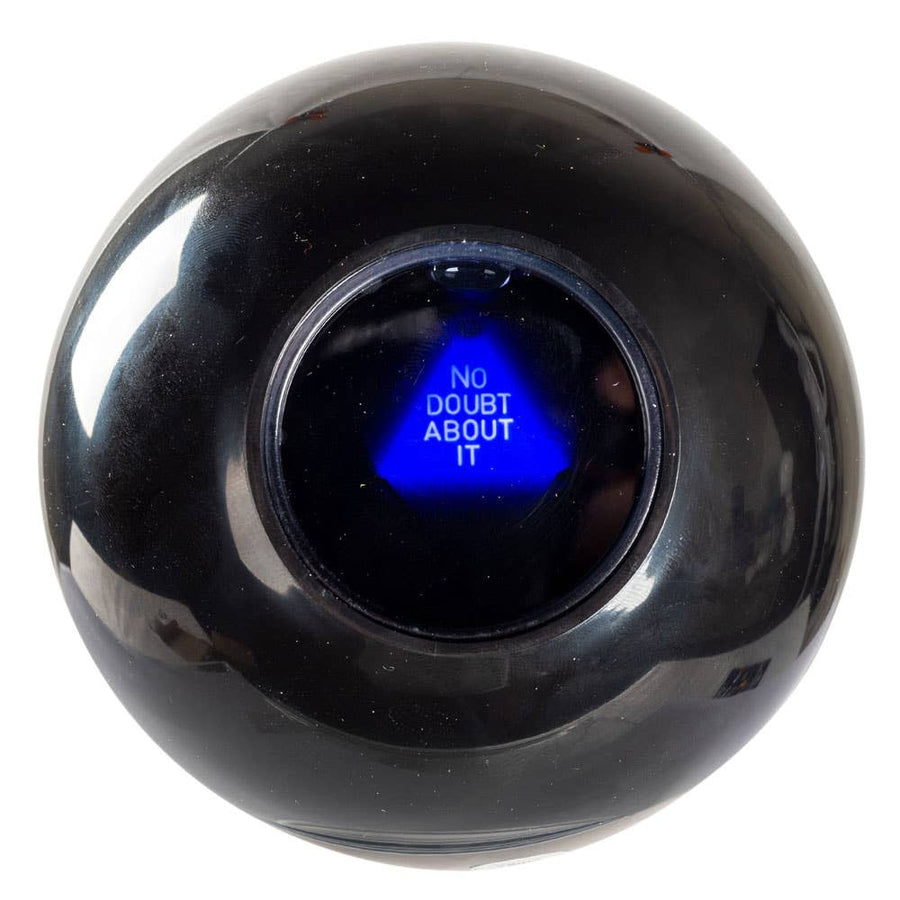 Black glossy eight ball with glowing blue center saying no doubt about it, Mystic Ball Divination Magic BC0452