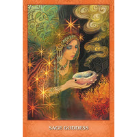 Ethereal figure in green robes holds pink mystic bowl from Mystic Sisters Oracle Deck