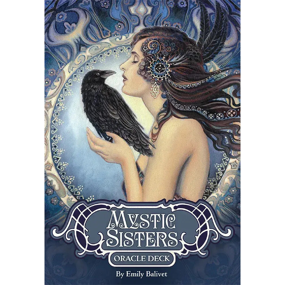 Mystic Sisters Oracle Deck: Woman with ornate dark hair and crow on blue background