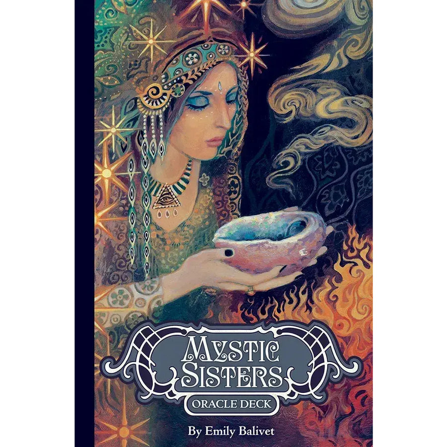Mystic Sisters Oracle Deck card with mystical woman in teal gold holding glowing pink bowl amid flames and stars