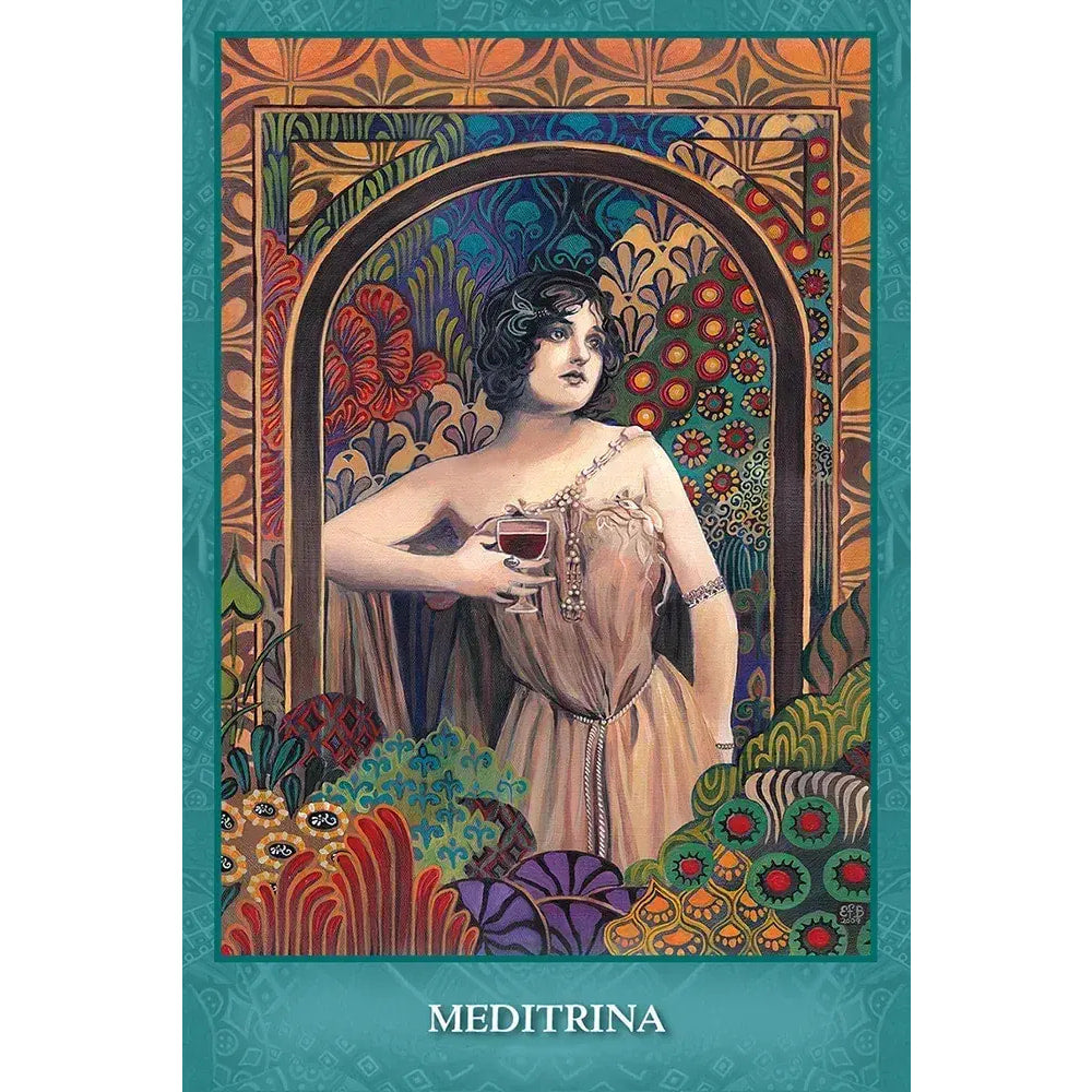 Woman in flowing beige gown with gold details in Mystic Sisters Oracle Deck frame