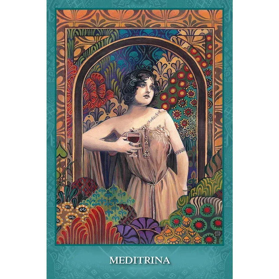 Woman in flowing beige gown with gold details in Mystic Sisters Oracle Deck frame