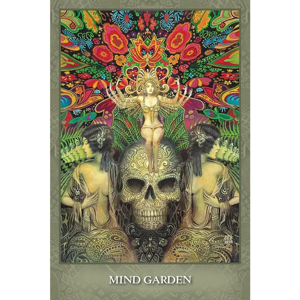 Golden skull with ornate patterns and flower crown from Mystic Sisters Oracle Deck