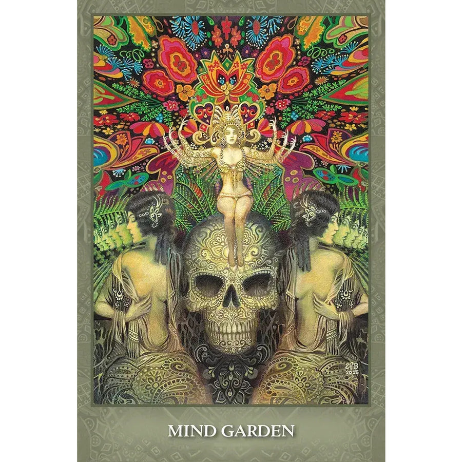 Golden skull with ornate patterns and flower crown from Mystic Sisters Oracle Deck