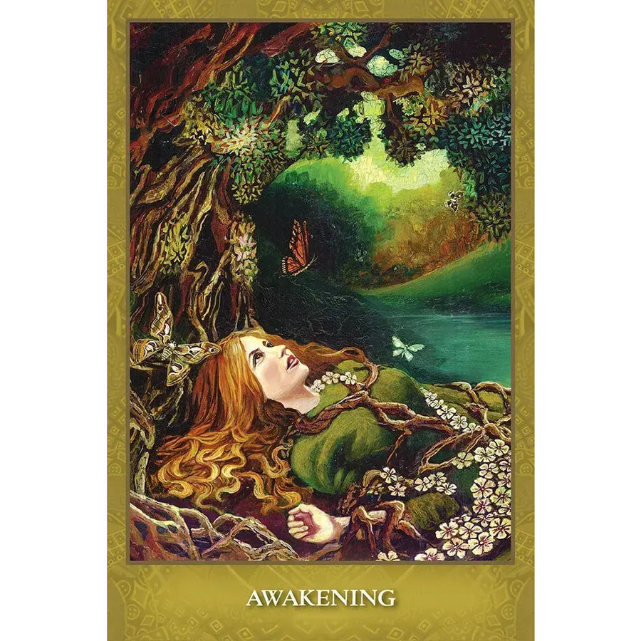 Awakening card from Mystic Sisters Oracle Deck: red-haired woman amid tree roots and blossoms under green canopy