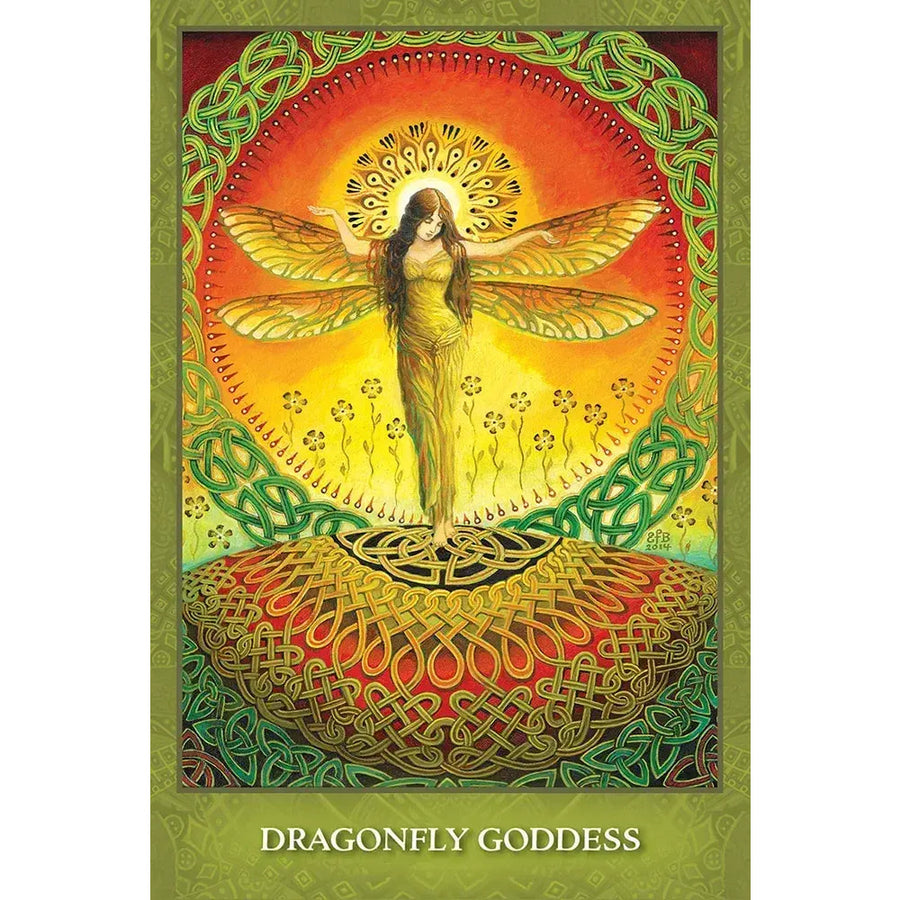 Vibrant golden-winged dragonfly goddess tarot card from Mystic Sisters Oracle Deck
