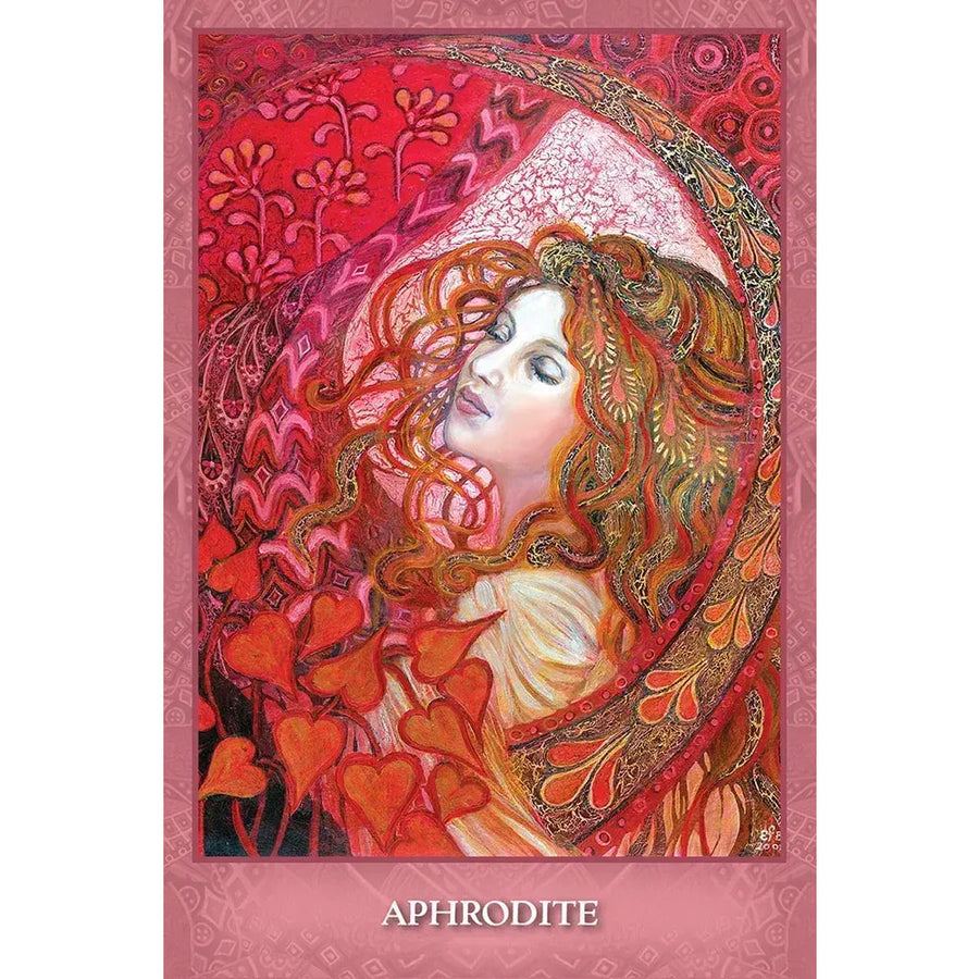 Vibrant red and gold Aphrodite tarot card from Mystic Sisters Oracle Deck