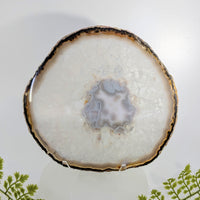 Natural agate 6.75’’ polished geode slice #BC1252 with white crystals