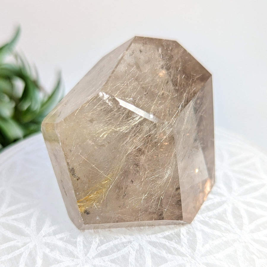 Polished smoky quartz crystal point from Natural Citrine with Gold Rutile jewelry display