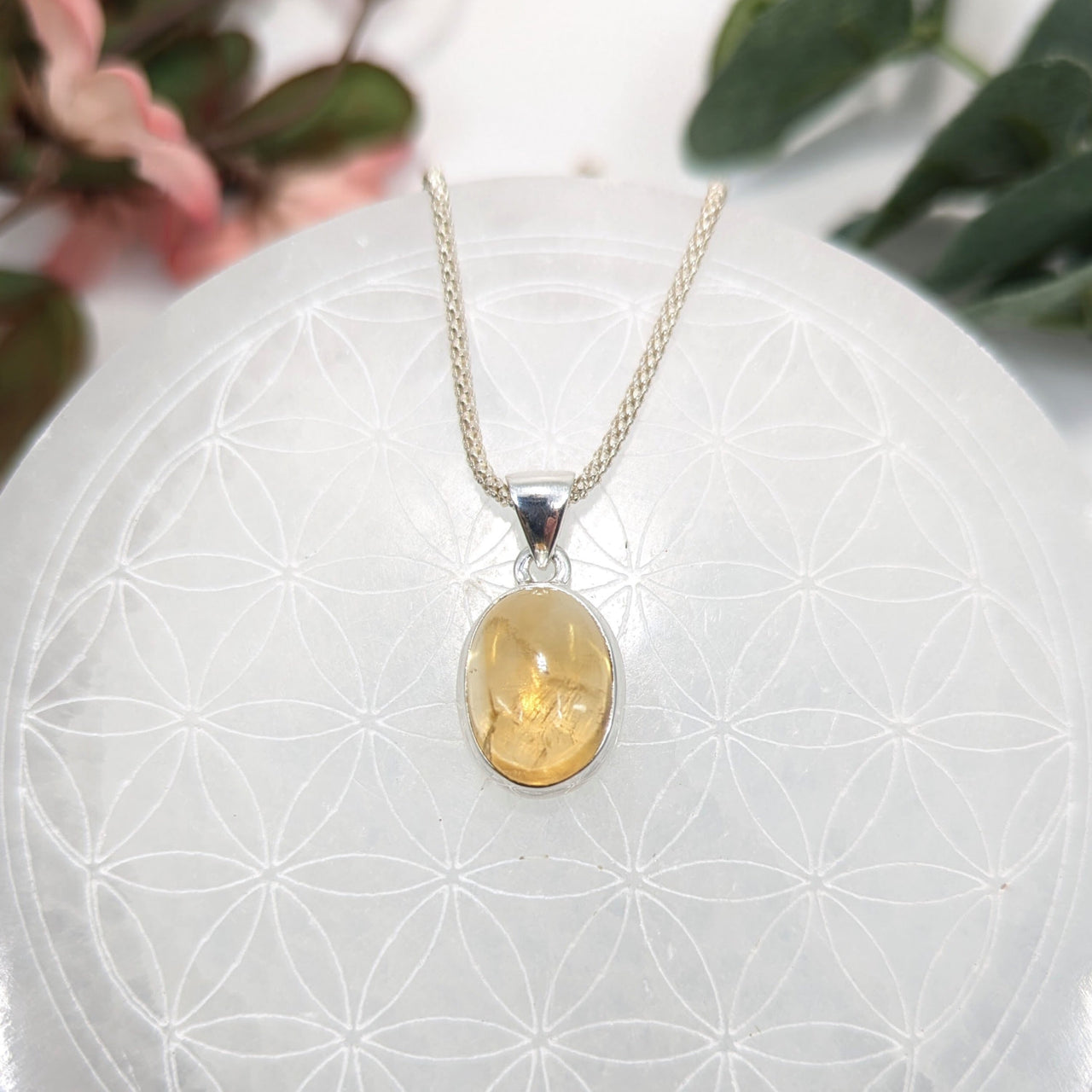 Silver necklace with a natural amber pendant for the Citrine Oval Pendant S.S. #LV8255
