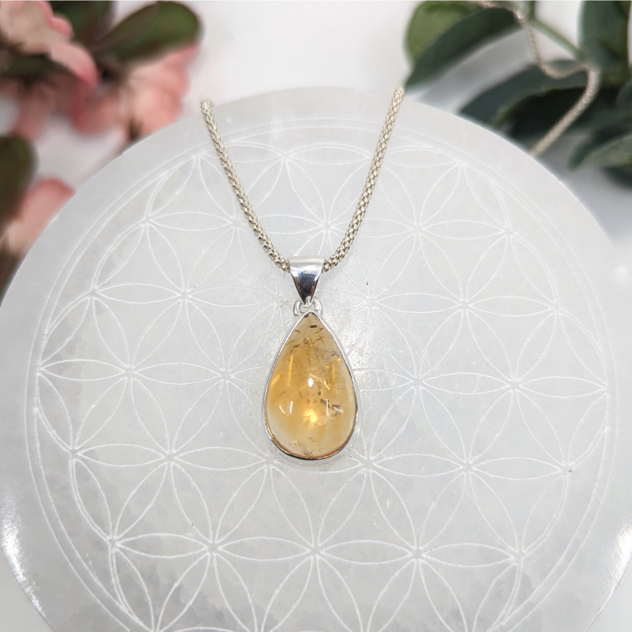Natural Citrine Teardrop Pendant Necklace with Sterling Silver Chain