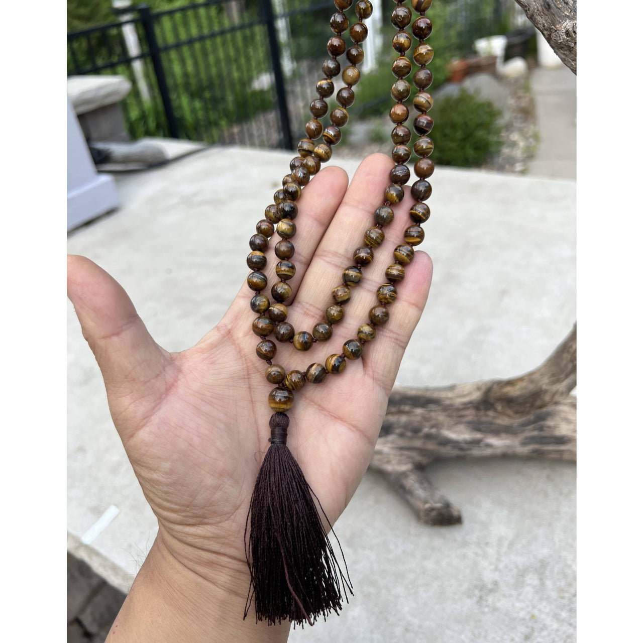 Brown beaded tassel necklace from Natural Tigers Eye Hand Knotted Mala product