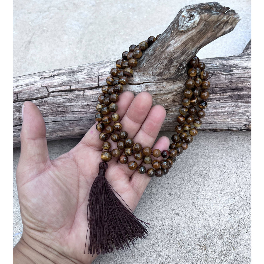 Natural Tigers Eye Hand Knotted Mala with Brown Beads and Tassel Necklace