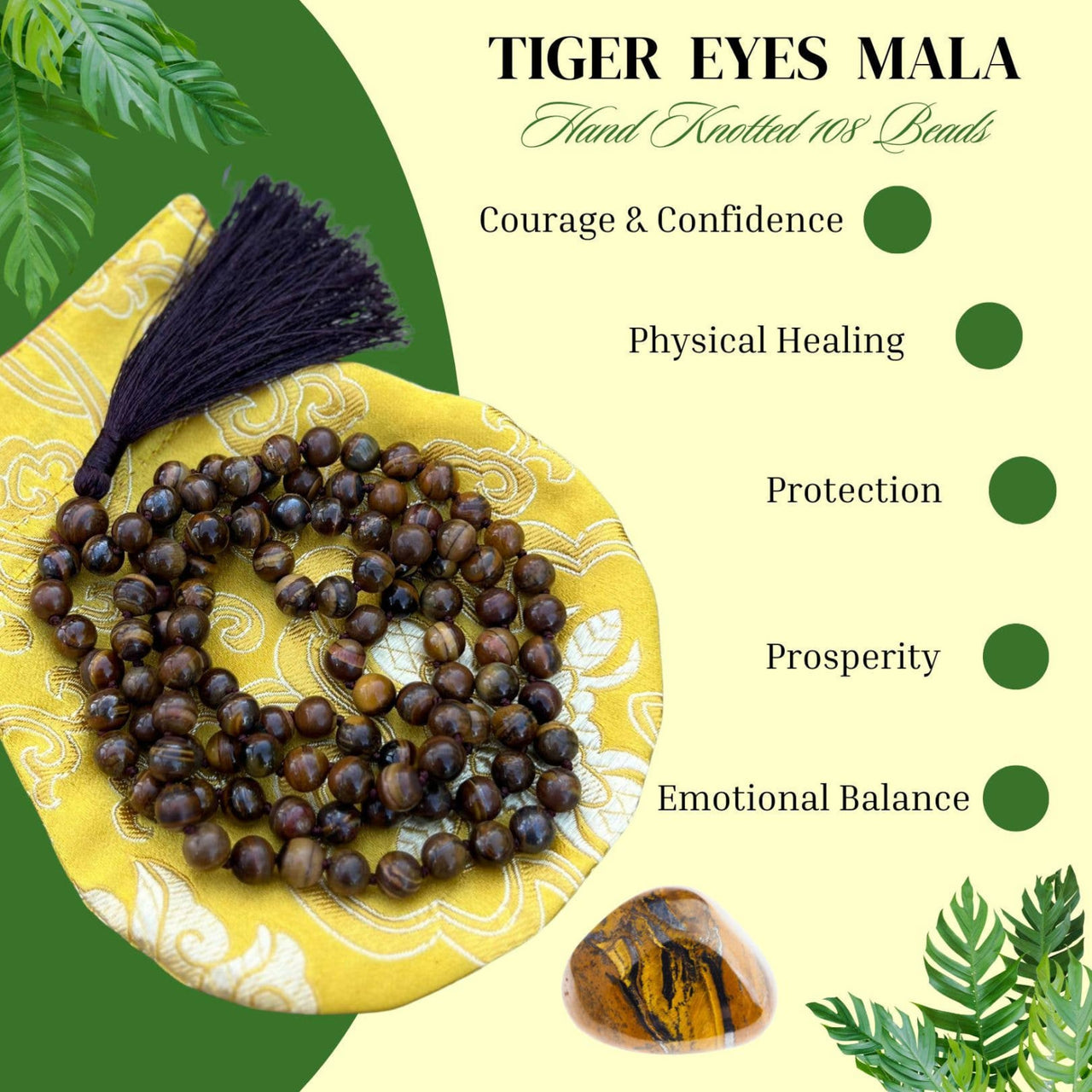 Natural Tigers Eye Hand Knotted Mala Beads for Meditation and Spiritual Healing