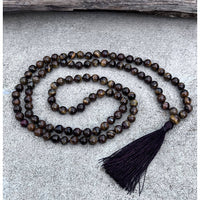 Natural Tigers Eye Hand Knotted Mala with Brown Beaded Necklace and Tassel
