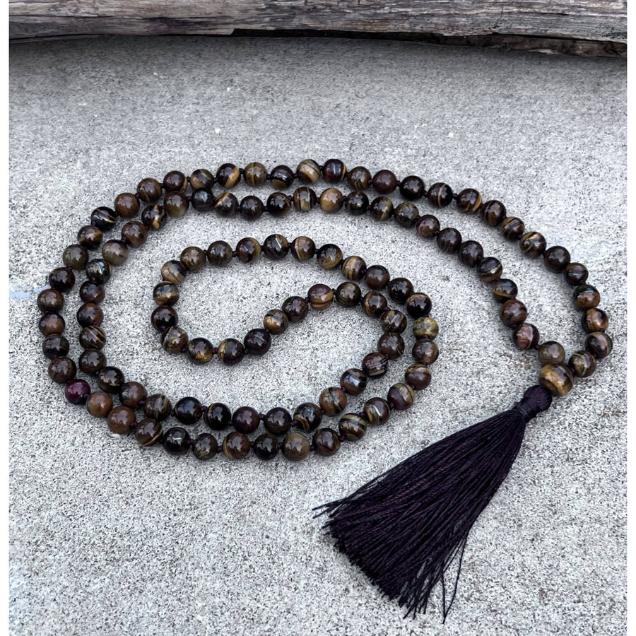 Natural Tigers Eye Hand Knotted Mala with Brown Beaded Necklace and Tassel