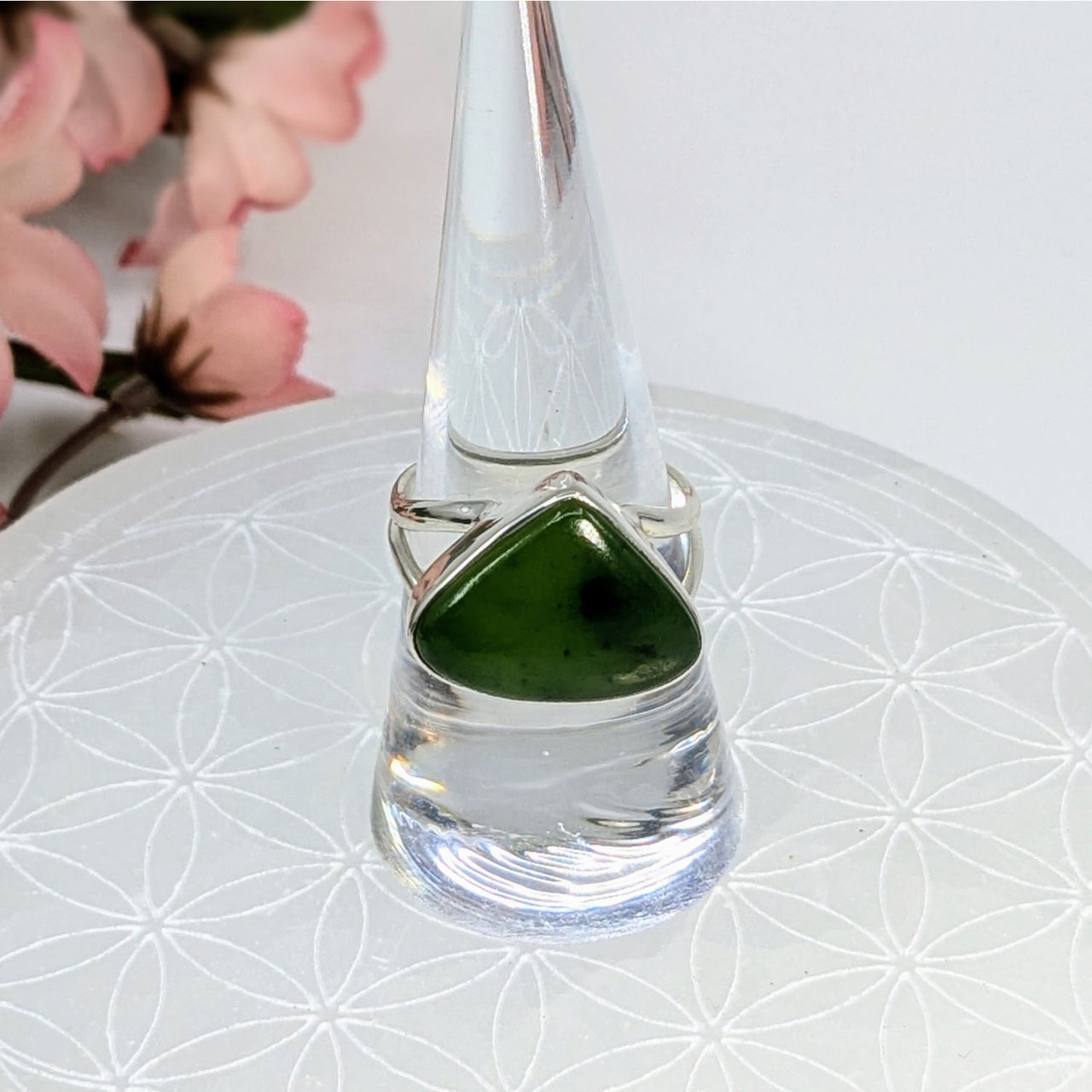 Clear glass ring with triangular Nephrite Jade stone in a stylish design