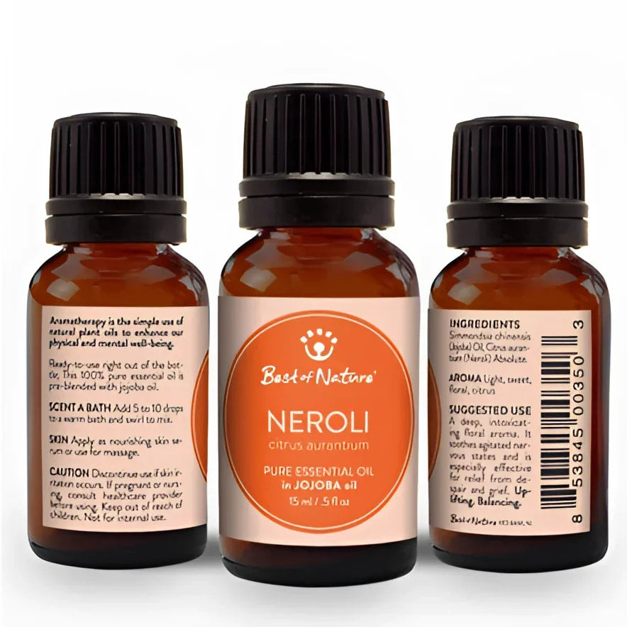 Neroli essential oil bottles with labels - Neroli Essential Oil Blended with Jojoba by Best of Nature