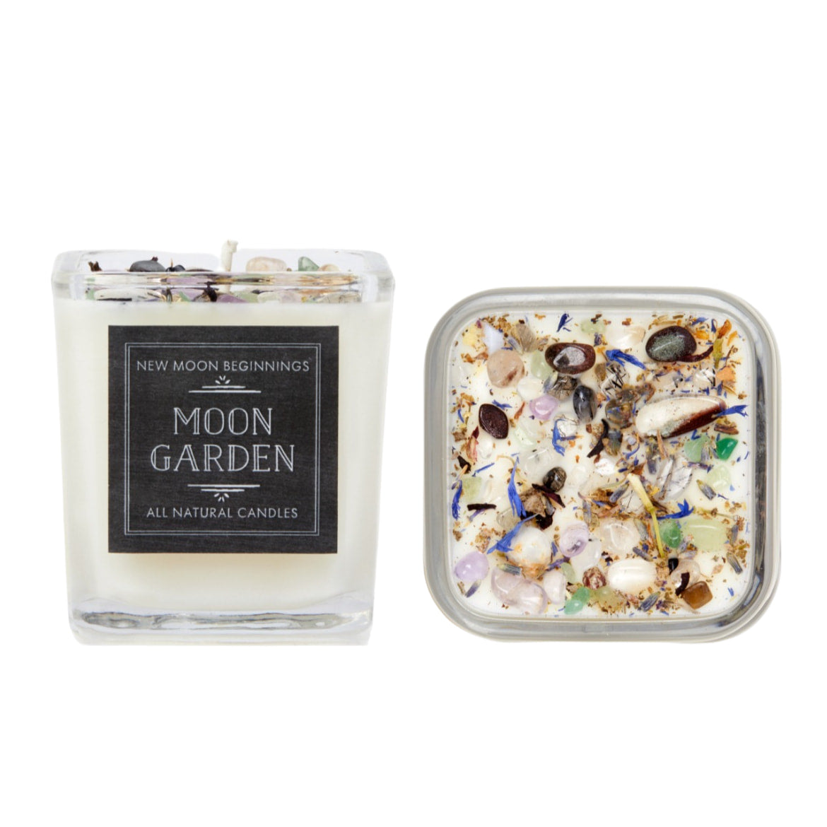 Small glass jar of sea shells accentuating the New Moon Crystal Candle in a 7.5oz square glass