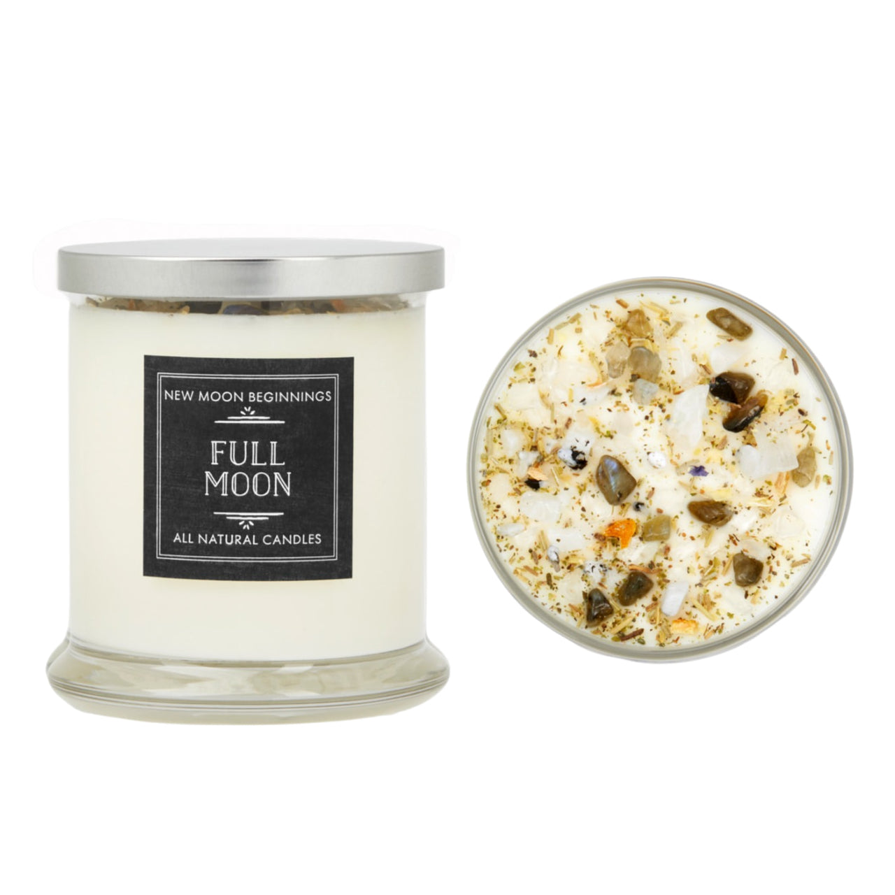 New Moon Candle: White soy candle with seaweed in a square glass, crystal candles collection