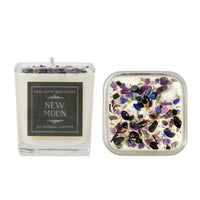 Thumbnail for Close-up of New Moon Crystal Candle in a glass container with rocks, 7.5oz square #LV5487