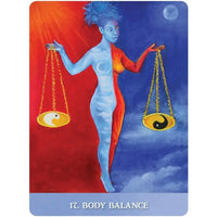 Painted woman with blue-orange skin holds yin-yang scales in New Orleans Oracle Deck LV9581