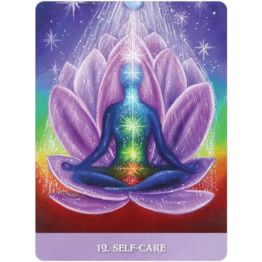 Vibrant tarot card of meditating figure in glowing purple lotus, New Orleans Oracle Deck LV9581