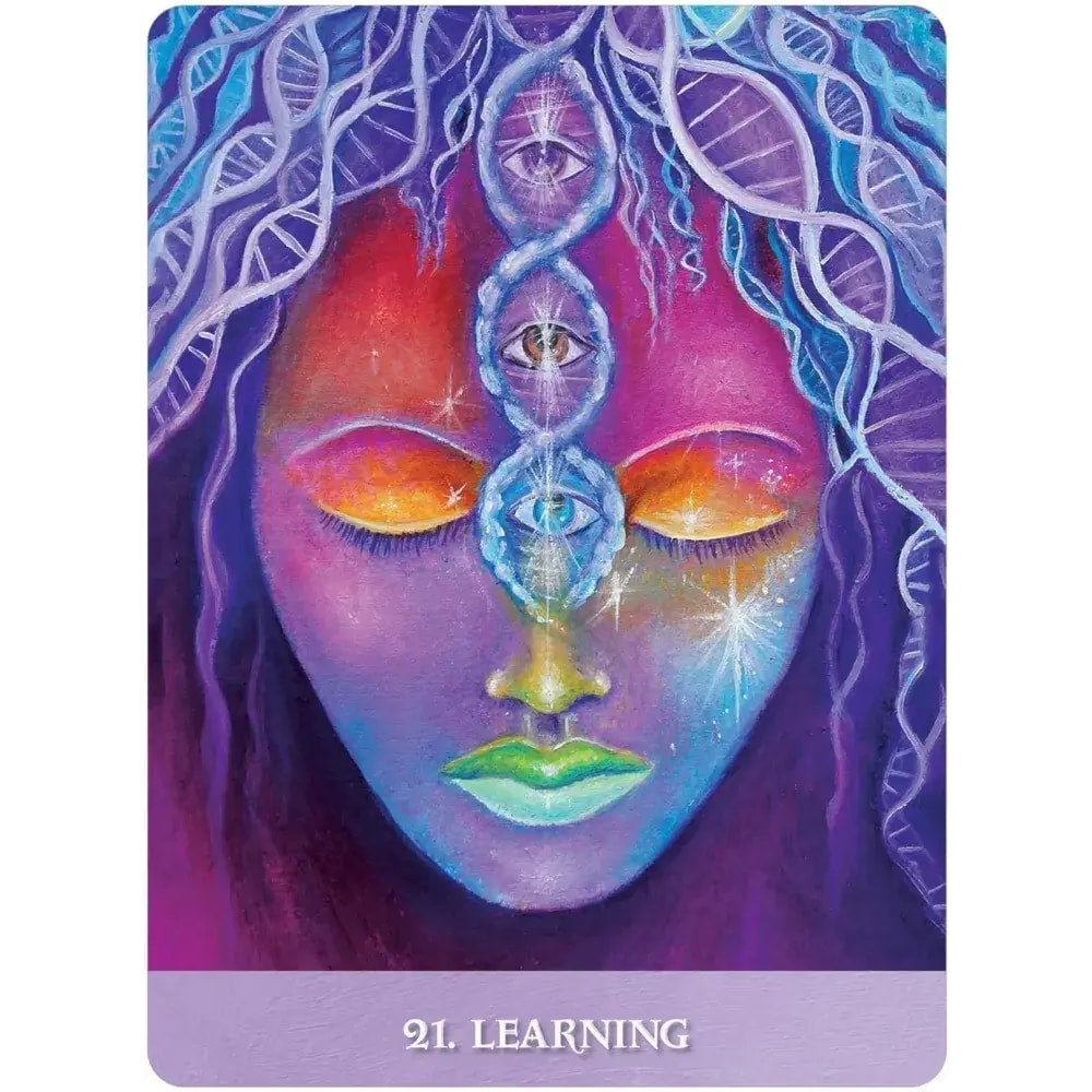 Vibrant stylized face with glowing blue spiral eyes in The New Orleans Oracle Deck LV9581