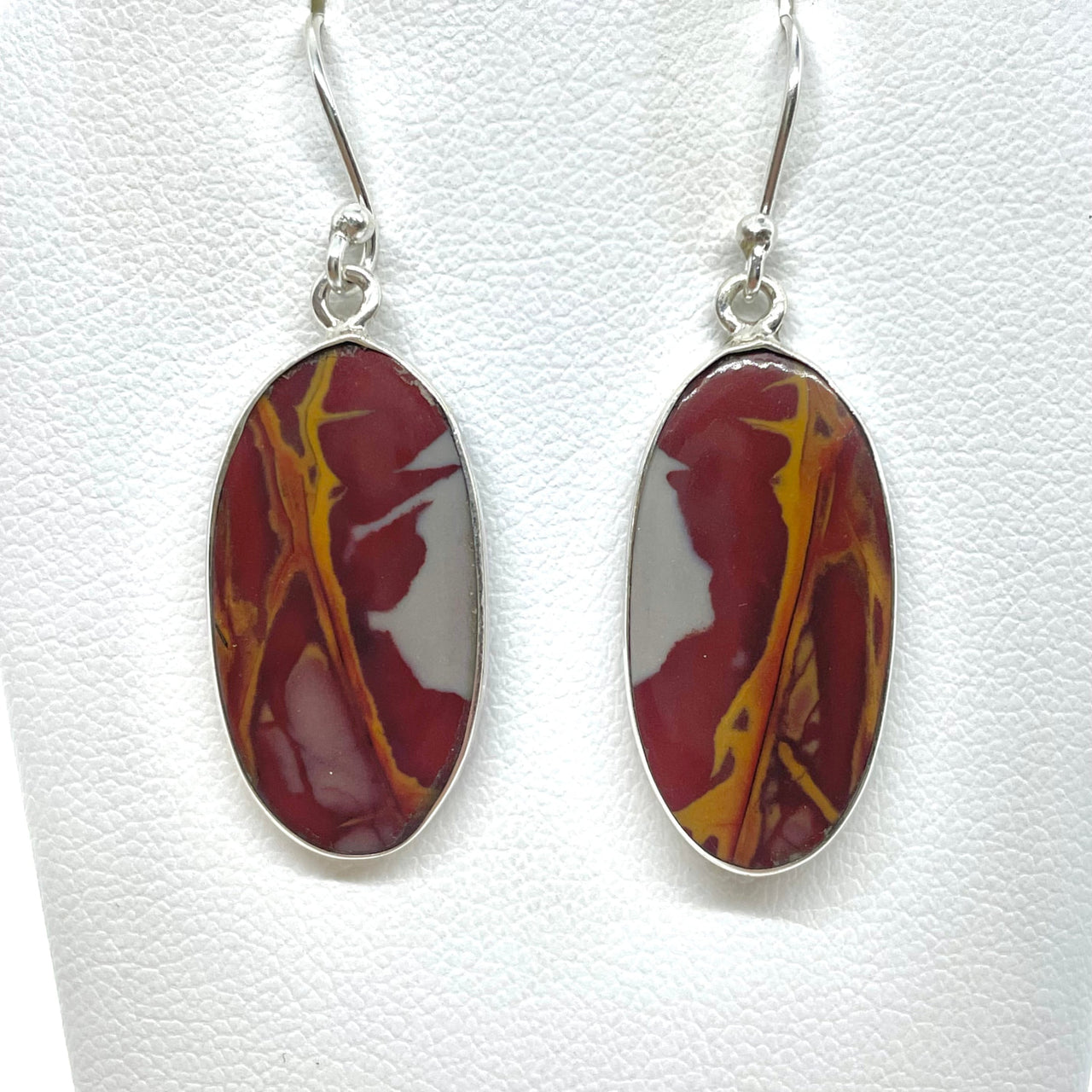 Oval silver earrings with red and gold marbled Noreena Jasper stones