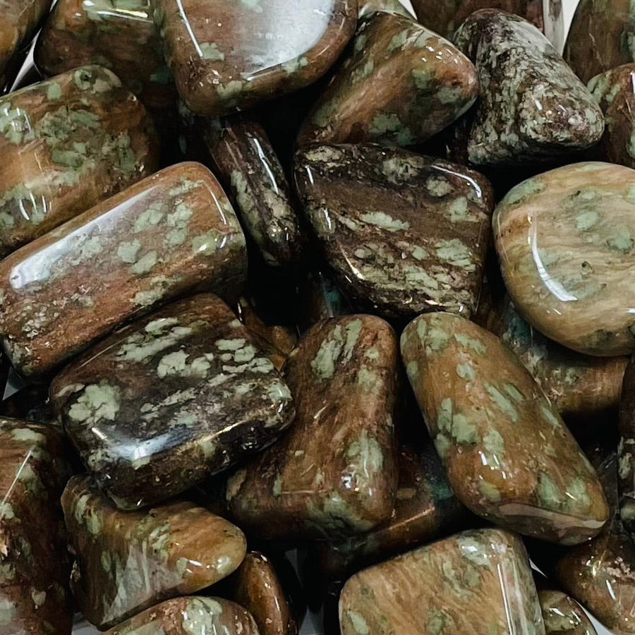 Polished brown and black jasper stones in Nunderite Tumbled #T435 showcasing item tier benefits