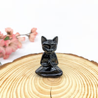 Black cat figurine in meditation pose, Obsidian 2-inch Meditating Cat LV6634