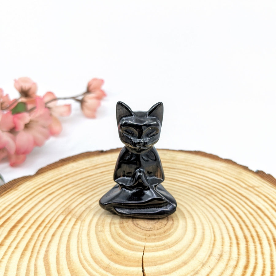 Black cat figurine in meditation pose, Obsidian 2-inch Meditating Cat LV6634