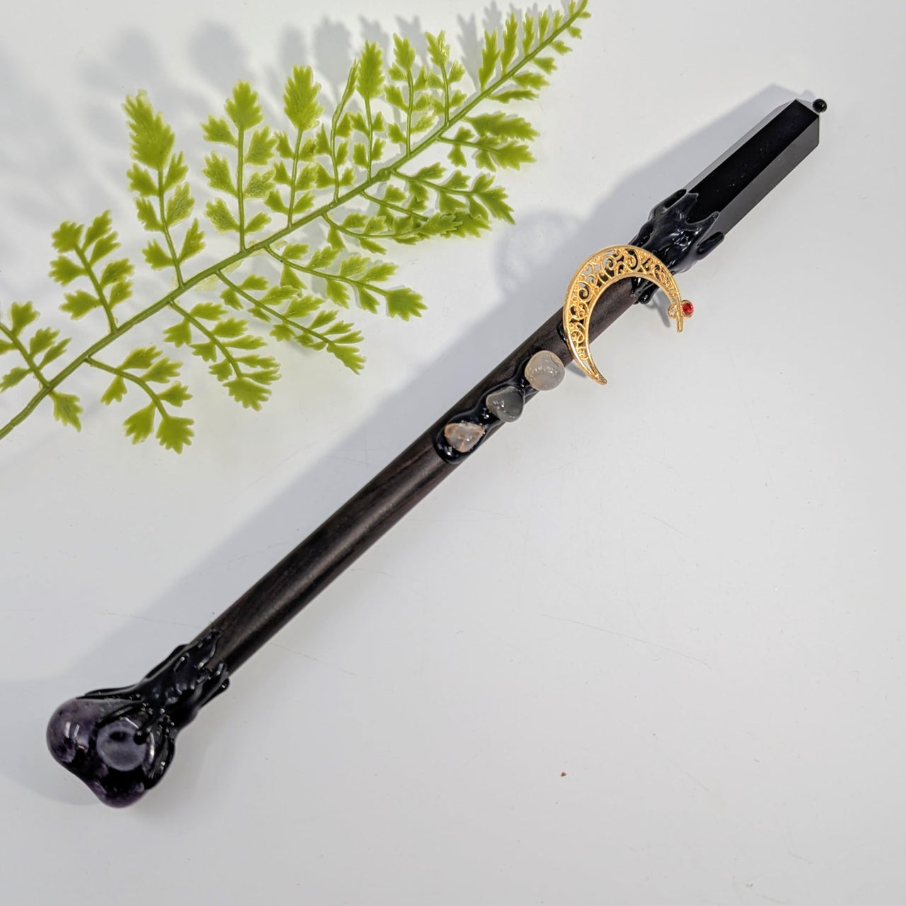 Obsidian magic wand 10.6in with gold moon charm and amethyst #BC1262