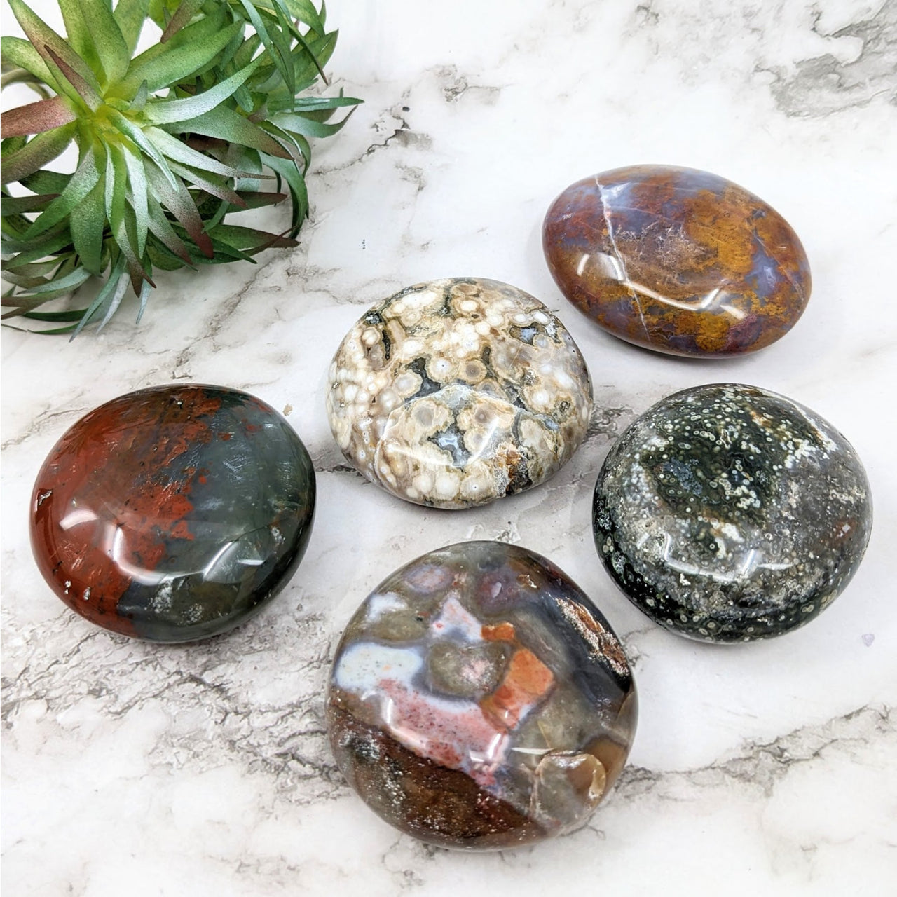 Selection of polished Ocean Jasper pebbles, product code LV4555, size 2.3-2.7 inches