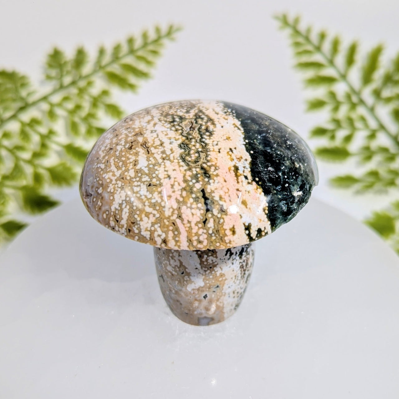 Ocean Jasper 2.3 inch mushroom carving with beige pink black speckles #BC1038