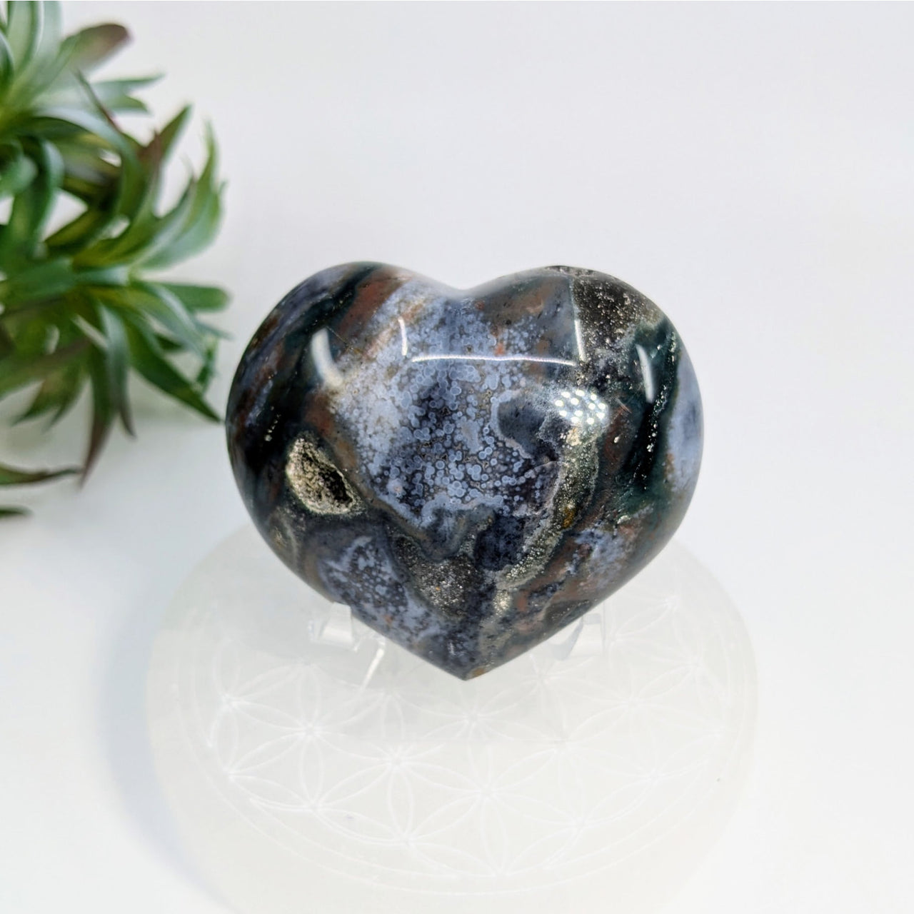 Dark polished Ocean Jasper heart with swirling gray and black patterns, 2.5 inches